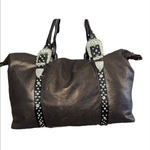 Bueno Brown Metallic Rhinestone Buckle Travel Weekender Duffel Bling Bag